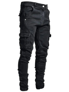 2025 New Men Street Elastic Denim Brand Jeans Narrow Legs Multi Pockets Cargo Pants Casual Slim Fit
