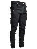2025 New Men Street Elastic Denim Brand Jeans Narrow Legs Multi Pockets Cargo Pants Casual Slim Fit Daily Wear Joggers Mid Waist PlatiNum