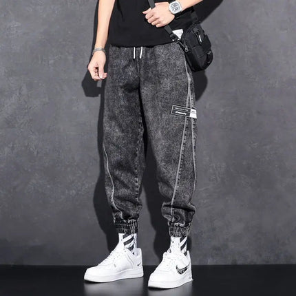 Loose Elastic Waist Denim Jeans for Men 2024 Fashion Casual Spring Workwear Foot-Tied Pants with Brand Workwear Baggy Trousers PlatiNum