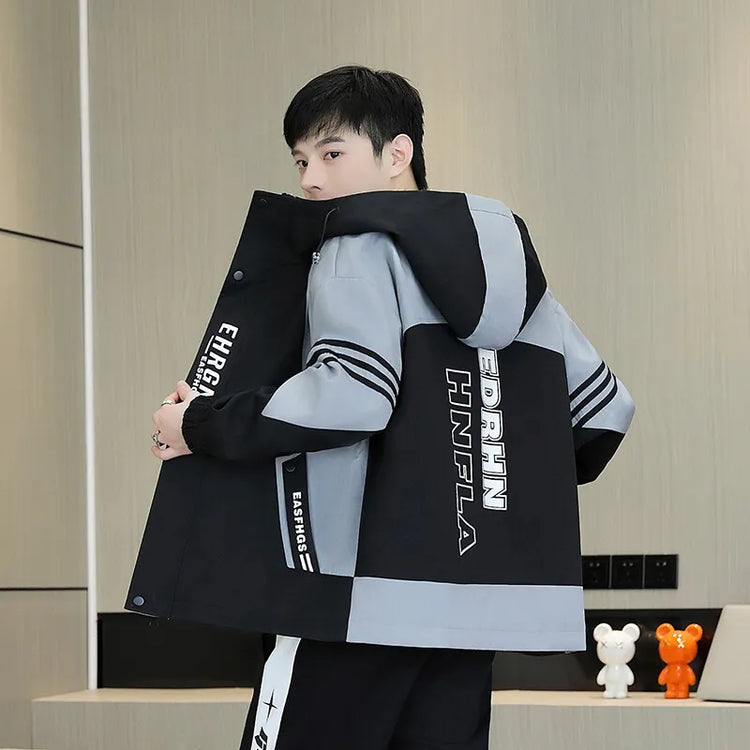 Spring Autumn Men's Hooded Jacket Loose Versatile Trendy Color Block Fashion Outerwear Windproof Thickened Long Sleeve Zipper