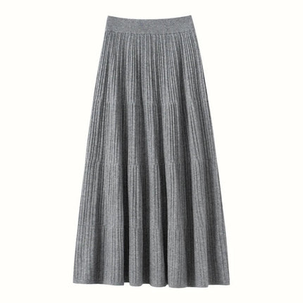 Autumn Winter Women Tiered Skirt Cashmere A-line Pleated Skirt Elastic Waist 100% Cashmere Knitted High Quality Soft Solid Dress PlatiNum
