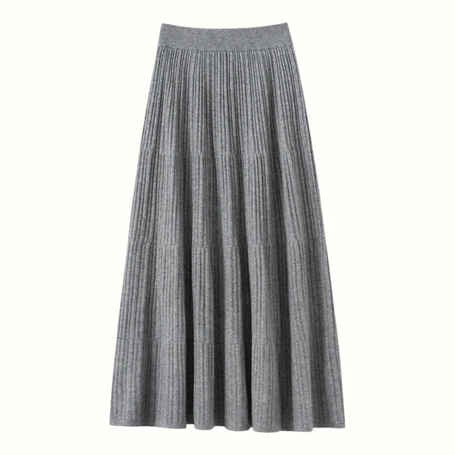 Autumn Winter Women Tiered Skirt Cashmere A-line Pleated Skirt Elastic Waist 100% Cashmere Knitted High Quality Soft Solid Dress PlatiNum