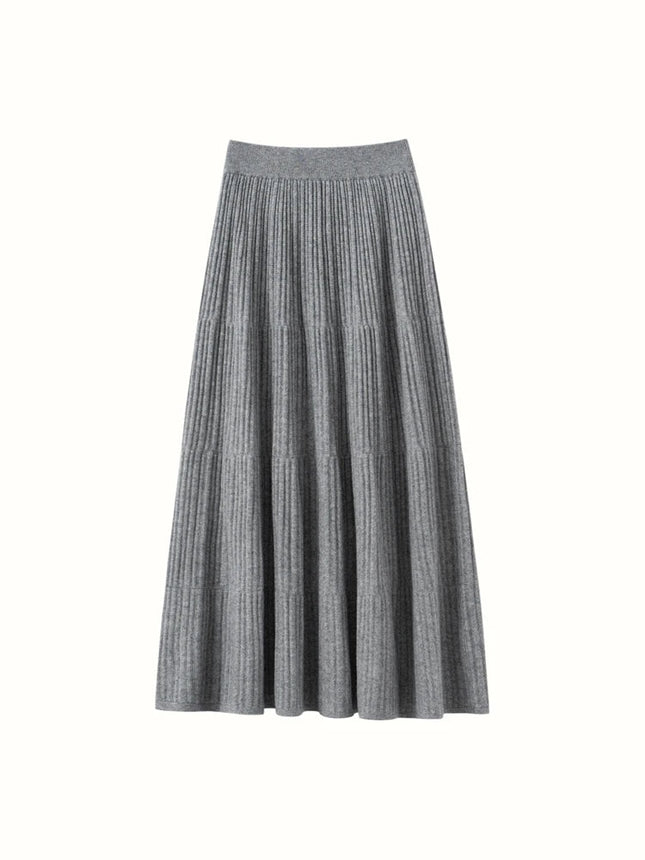 Autumn Winter Women Tiered Skirt Cashmere A-line Pleated Skirt Elastic Waist 100% Cashmere Knitted High Quality Soft Solid Dress PlatiNum