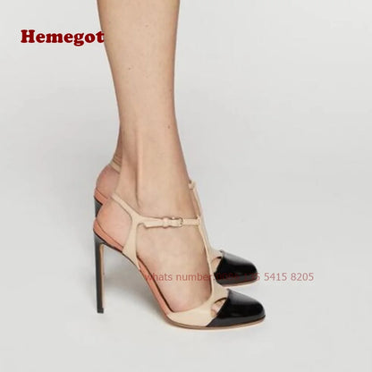 Two Tone T-Straps Women's Sandals Round Toe Cut Out Buckle Slingback High Heels Stiletto Summer Sandals Splicing Elegant Shoes