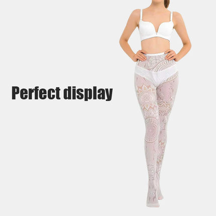Collant in pizzo bianco da donna, calze a rete floreali retrò, calze lunghe trasparenti a vita alta per feste e cosplay