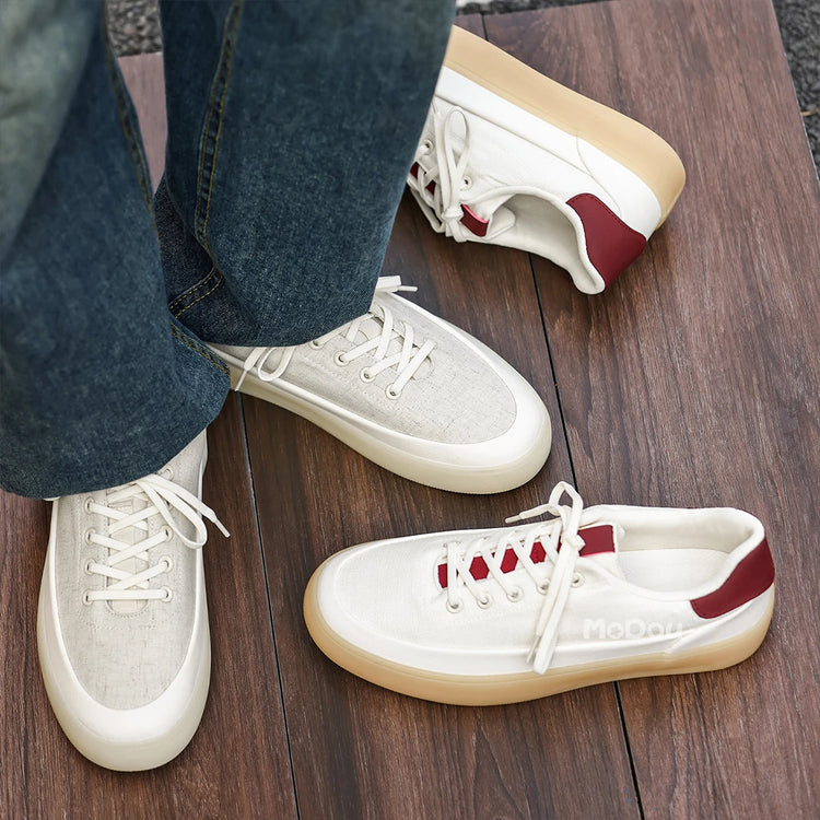 Men's Linen Canvas Platform Sneakers, Breathable Low‑Top Casual Skate Shoes, Retro Contrast Tan Trim Design, Soft Cushioned Thic