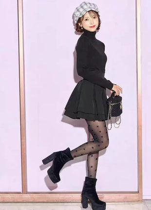 Minigonna a balze Lautaro Primavera Estate Nera Dolce Carina Kawaii a Vita Alta da Donna, Abbigliamento Cutecore Stile Giapponese Moda