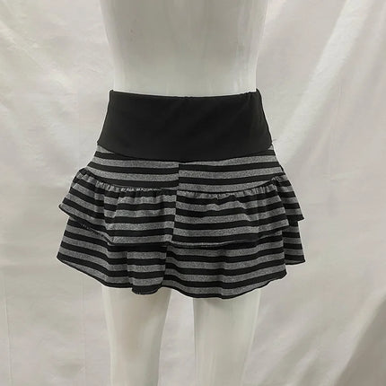 2026 Sommer Neue Damenmode Y2K Grunge Schwarz Grau Gestreifter Rüschen-Minirock Hohe Taille Elastischer Bund Schmaler A-Linien-Rock