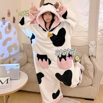 Women Onesie Kigurumis Cow Pajamas Adult Female Winter Sleepwear Zipper Hooded  Jumpsuits Thick Soft Warm Fleece Pijama Mujer