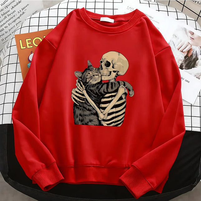 Vintage High Quality Retro Skull with Cat Womens Hoodies Warm Fleece Sweatshirt Soft O-Neck Pullover Casual Female Clothes