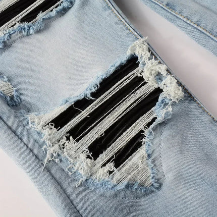 High Street Jeans Patch Hand-worn Holes Slim Skinny Jeans for Men PlatiNum