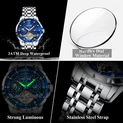 POEDAGAR Top Orologio da uomo originale Orologio meccanico automatico da uomo in acciaio inossidabile Calendario Hollow Tourbillon Orologio da uomo Maschio + scatola platinumshop