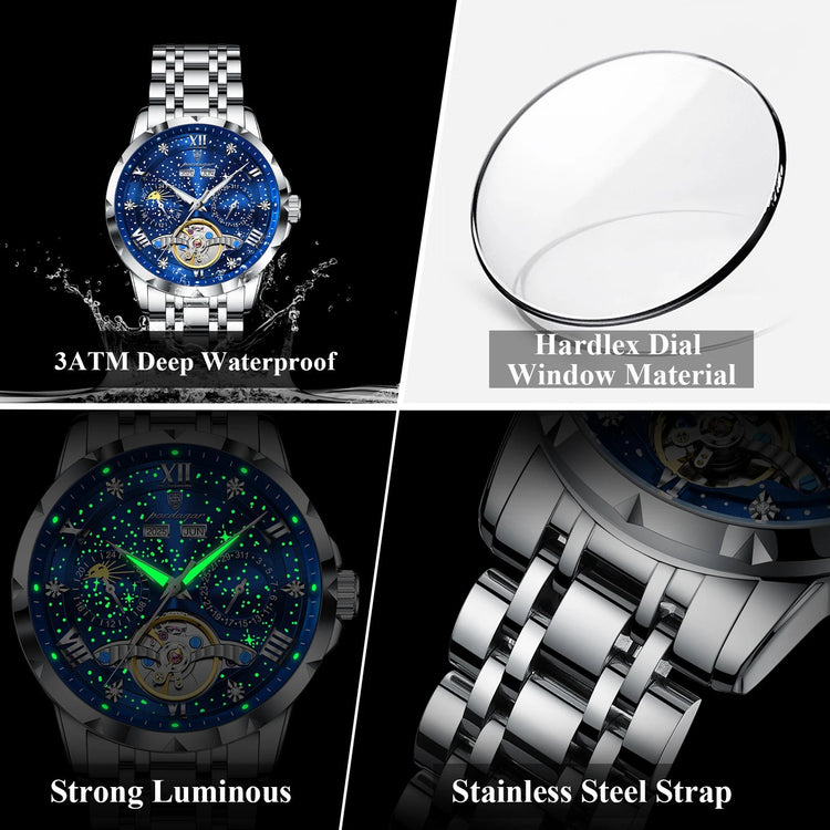 POEDAGAR Top Orologio da uomo originale Orologio meccanico automatico da uomo in acciaio inossidabile Calendario Hollow Tourbillon Orologio da uomo Maschio + scatola platinumshop