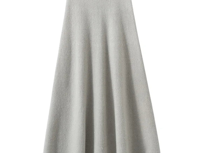 Chic Women Sweater Suite Skirt 100% Cashmere A-Line Skirt Autumn Winter Wave Skirt Elastic Knee Length Dress Sequins French Knit PlatiNum