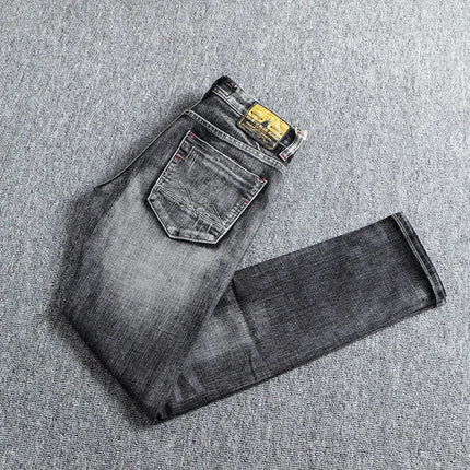 Italian Style Fashion Men Jeans Retro Gray Elastic Slim Fit Ripped Jeans Men Trousers Vintage Designer Casual Denim Pants Hombre PlatiNum