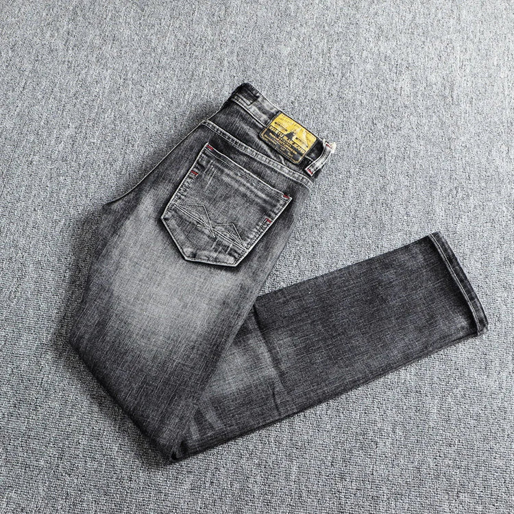 Italian Style Fashion Men Jeans Retro Gray Elastic Slim Fit Ripped Jeans Men Trousers Vintage Designer Casual Denim Pants Hombre PlatiNum
