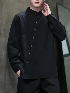 Camicie di lino in cotone Stile cinese Abito tradizionale retrò Tang Top da uomo Kung Fu Tai Chi Camicie casual a maniche lunghe in tinta unita da uomo