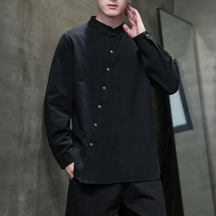 Camicie di lino in cotone Stile cinese Abito tradizionale retrò Tang Top da uomo Kung Fu Tai Chi Camicie casual a maniche lunghe in tinta unita da uomo