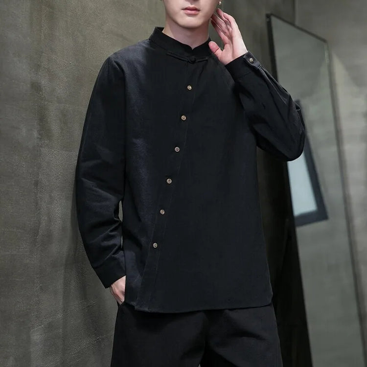 Camicie di lino in cotone Stile cinese Abito tradizionale retrò Tang Top da uomo Kung Fu Tai Chi Camicie casual a maniche lunghe in tinta unita da uomo