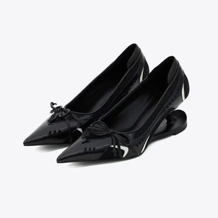Special Heel Spliced Heels Pointed Toe Heels Women's Fashion Shallow Mouth Bow Non-Slip Mary Jane Single Shoes PlatiNum