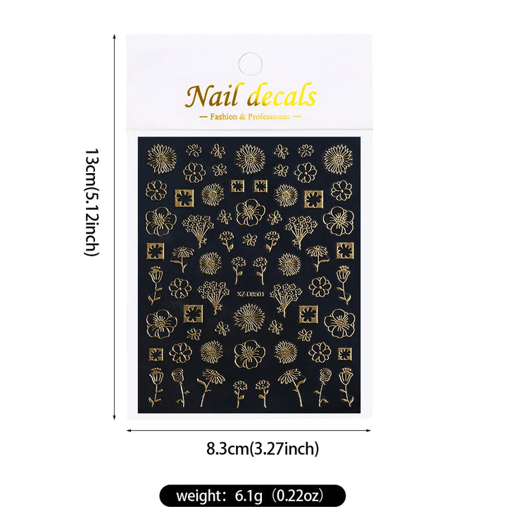 1pcs Gilded Hollow Flower Leaves Nail Art Stickers French Lines Bohemian Tassels 3D Nail Decals Rose Pattern Manicure Decoration