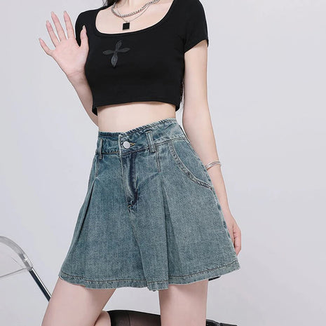 Korean Casual High Waisted Pleated Denim Shorts For Women Spring Summer Baggy Jeans Shorts Y2k  A-Line Wide Leg Jeans PlatiNum