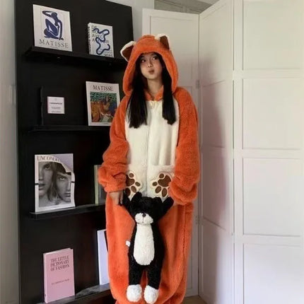 Cartoon Coral Fleece Lined Onesie Pajamas Women's Winter Home Clothes Comfortable Breathable Sleepwear Polyester Fiber