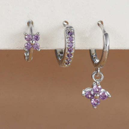 3PCS Trendy Stainless Steel Flower Drop Earring Set For Women Crystal Zirconia Dangle Earring Hypoallerg Piercing Jewelry aretes PlatiNum