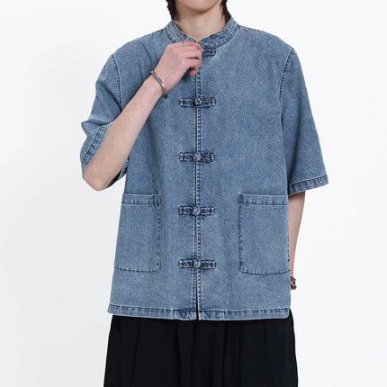 Nuove Giacche in Denim Estive Uomo/Donna Stile Cinese Vintage Lavato Camicie Personalizzate Uomo Kung Fu Casual Baggy Cotone Giacca Tang