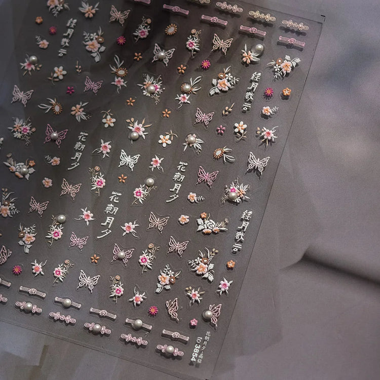 5D Kawaii Lily Nail Art Stickers 1pcs Japanese Pink White Flower With Diamond Self Adhesive Nail Decorations Slider Decals DIY