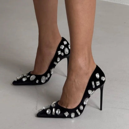 Autumn new pointed toe shallow silk rhinestone single shoes banquet dress large size thin heel high heel customized women's shoe