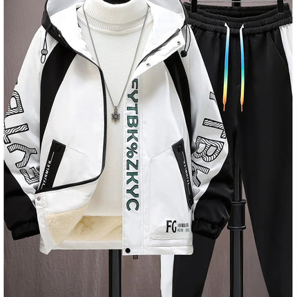 Winter Warm Hooded patchwork Jacket+Pant 2-piece Set Men Set Sports Suit Fleece Thickened Sportswear Casual Men Tracksuit