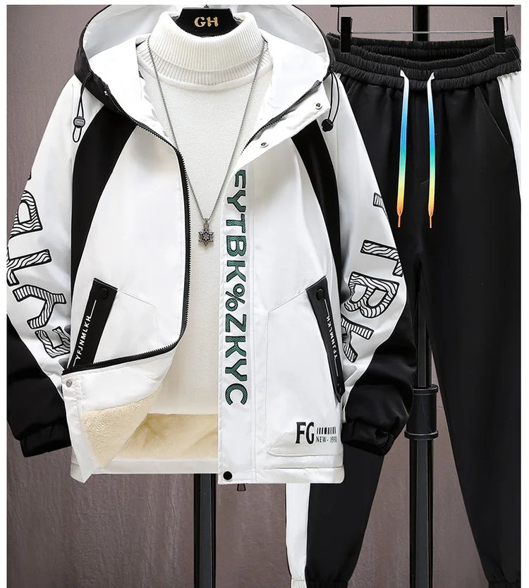 Winter Warm Hooded patchwork Jacket+Pant 2-piece Set Men Set Sports Suit Fleece Thickened Sportswear Casual Men Tracksuit