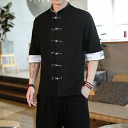 Nuovo gru ricamo top abbigliamento tradizionale cinese per uomo camicie vintage in lino a mezza manica colletto Madarin solido Hanfu Kungfu