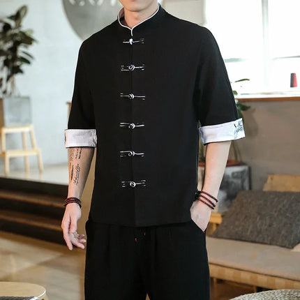Nuovo gru ricamo top abbigliamento tradizionale cinese per uomo camicie vintage in lino a mezza manica colletto Madarin solido Hanfu Kungfu