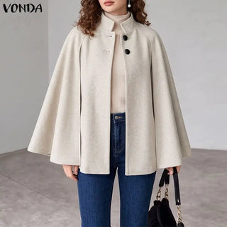 VONDA Autumn Women Capes Elegant Stand Collar Thin Cape Coat Solid Button Poncho OL Work Tops Office Streetwear Party Jackets