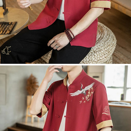 Camicie da uomo con gru ricamate Kungfu Tai Chi Casual manica corta nuovo stile cinese colletto alla coreana Cardigan in lino Tang Suit uomo Top
