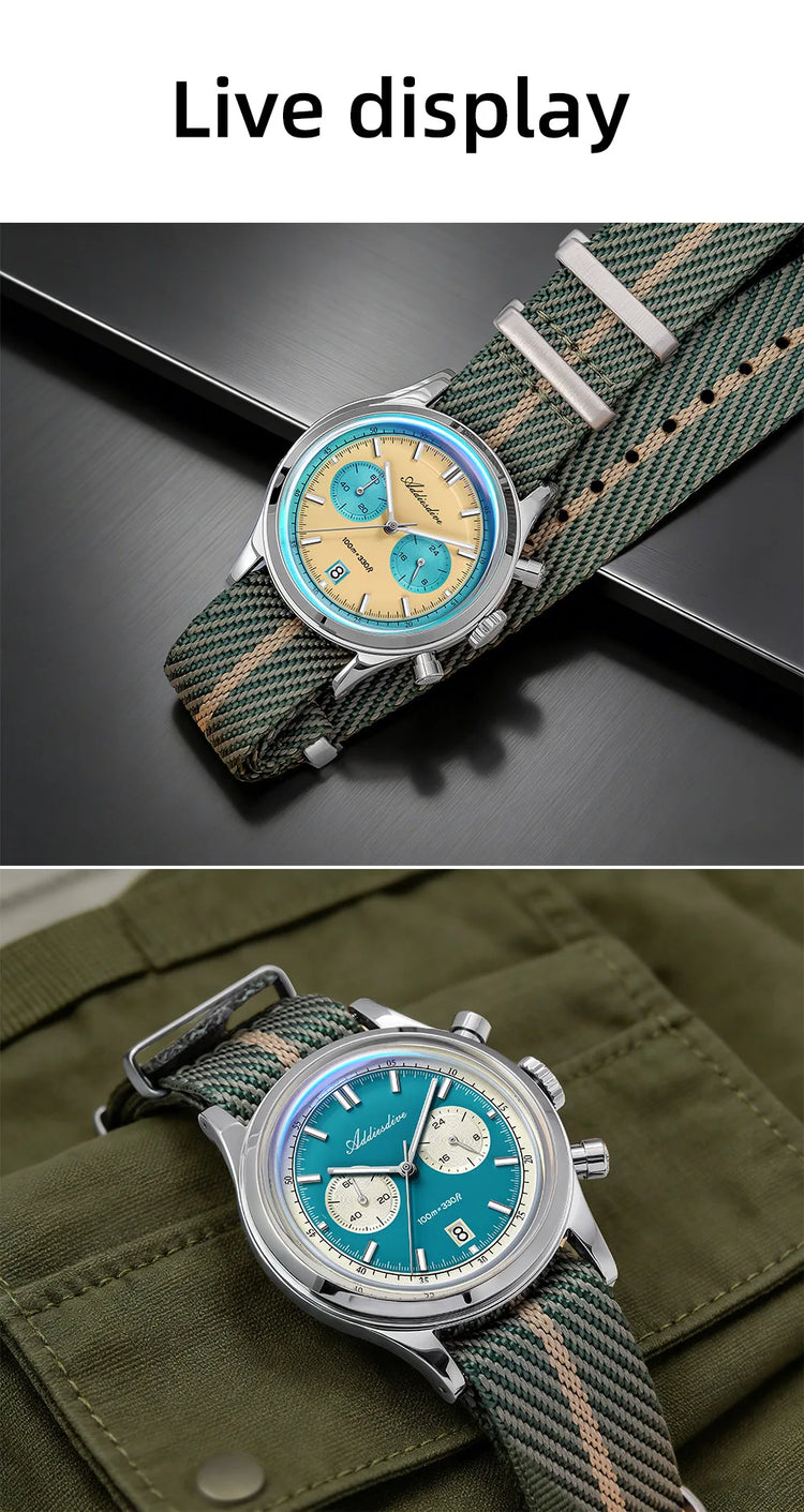 ADDIESDIVE AD2542 Luxury Quartz Chronograph Watch for Men Japanese 0S21 Movement 38mm Stainless Steel Case BGW9 Lume 100M Waterp