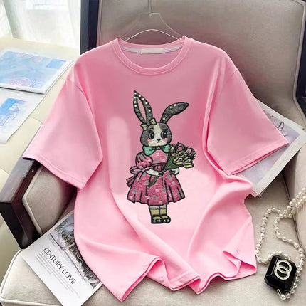 T-shirt da donna a maniche corte girocollo casual con stampa cartoon, oversize, stile Y2K, patchwork, con strass, moda estiva