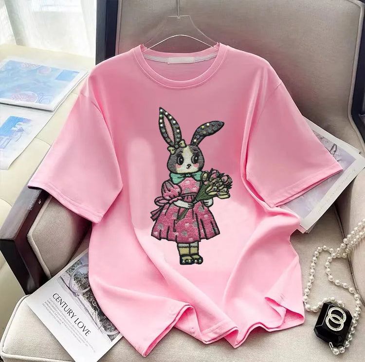 T-shirt da donna a maniche corte girocollo casual con stampa cartoon, oversize, stile Y2K, patchwork, con strass, moda estiva