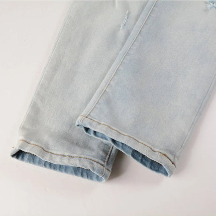 Men Pale Light Blue Biker Jeans Cracked Pleated Patch Patchwork Stretch Denim Pants Streetwear Holes Ripped Skinny Trousers PlatiNum