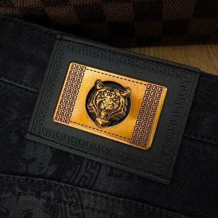 Spring and Autumn Korean Slim Jeans for Men 2025 High-end Luxury Clothing Black Printing Mid-waist Stretch Casual Pencil Pants PlatiNum