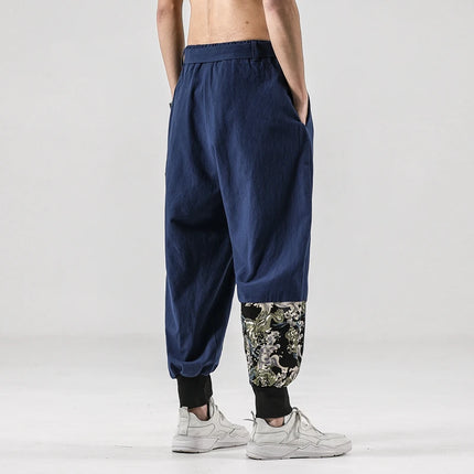 Pantaloni da uomo Costume da samurai giapponese Ukiyo-e Cintura con stampa Pantaloni stile harem da uomo in cotone e lino Pantaloni casual Harajuku da uomo Taglie forti 5XL