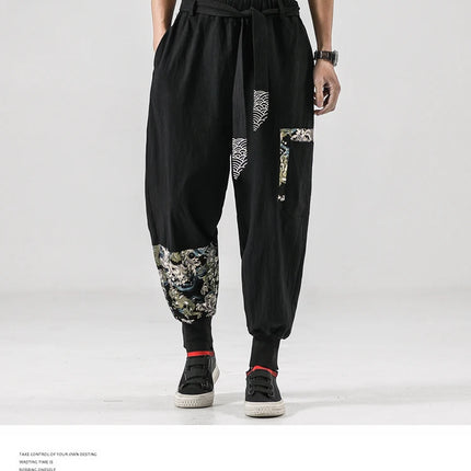 Pantaloni da uomo Costume da samurai giapponese Ukiyo-e Cintura con stampa Pantaloni stile harem da uomo in cotone e lino Pantaloni casual Harajuku da uomo Taglie forti 5XL