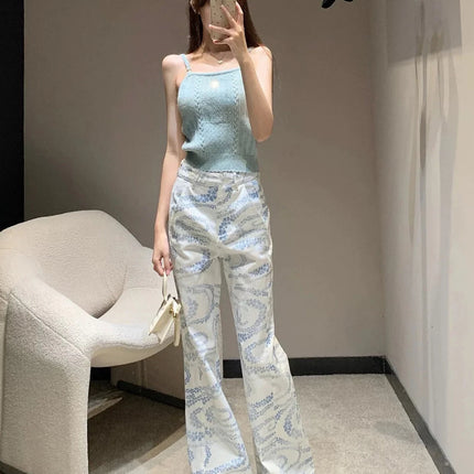 Jeans stampati bianchi da donna a vita alta a gamba larga coreani dritti larghi casual versatili autunno nuovi pantaloni alla moda di High Street