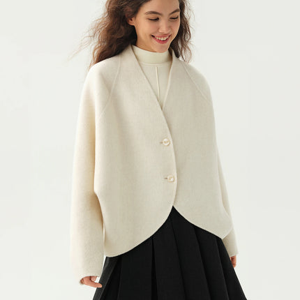 DUSHU Short Wool Coat  Fox Fur Collar and Camel Hair Women Warm Single Breasted Elegant Temperament Winter Batwing Sleeve
