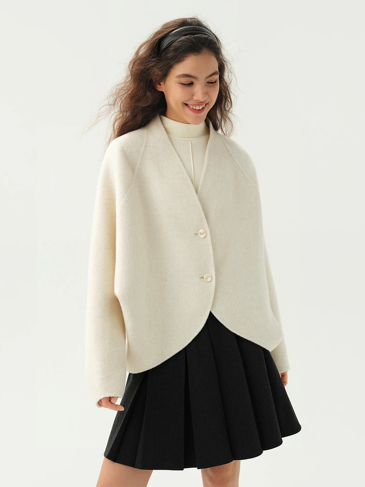 DUSHU Short Wool Coat  Fox Fur Collar and Camel Hair Women Warm Single Breasted Elegant Temperament Winter Batwing Sleeve