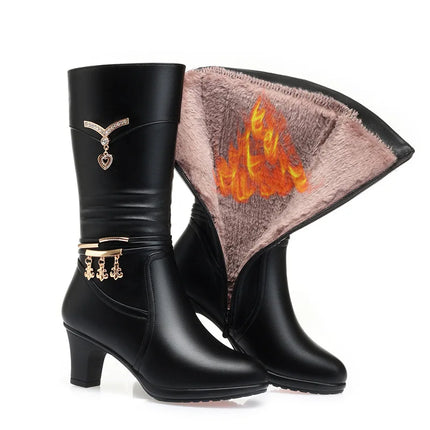 Women Comfortable Fleece Medium Boots Autumn Winter New Style Thick Heel Side Zipper Pointed Fashion High Heels Boots Elegant