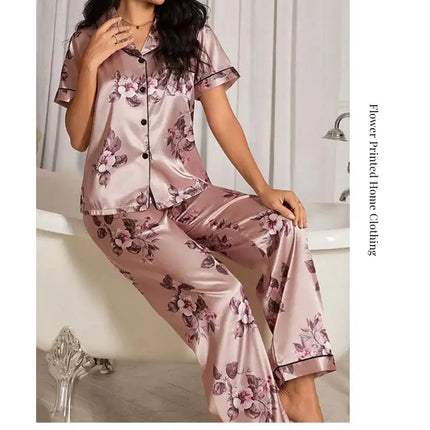 Pigiama da donna elegante pigiameria in raso Pj Set stampa floreale bottoni manica corta risvolto top e pantaloni lunghi indumenti da notte vestiti per la casa platinumshop