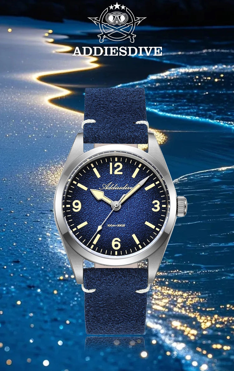 ADDIESDIVE NEW Luxury Quartz Men's 36mm Watch AD2544 Sapphire Crystal 100M Waterproof C3 Retro Luminous Leather Strap Wristwatch